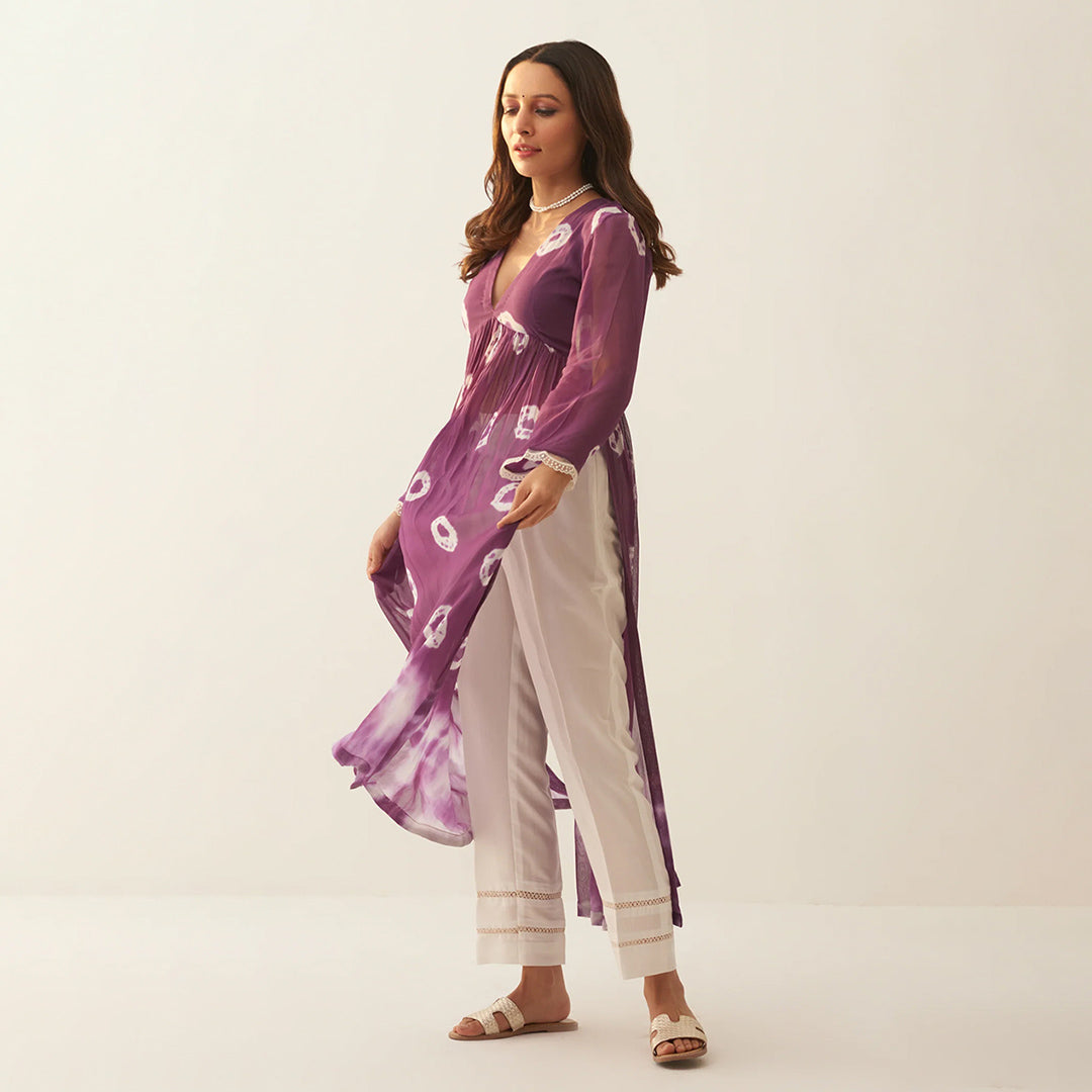 Wine Dyed Bandhej Alia Cut Flared Long Kurta With Pockets Pants