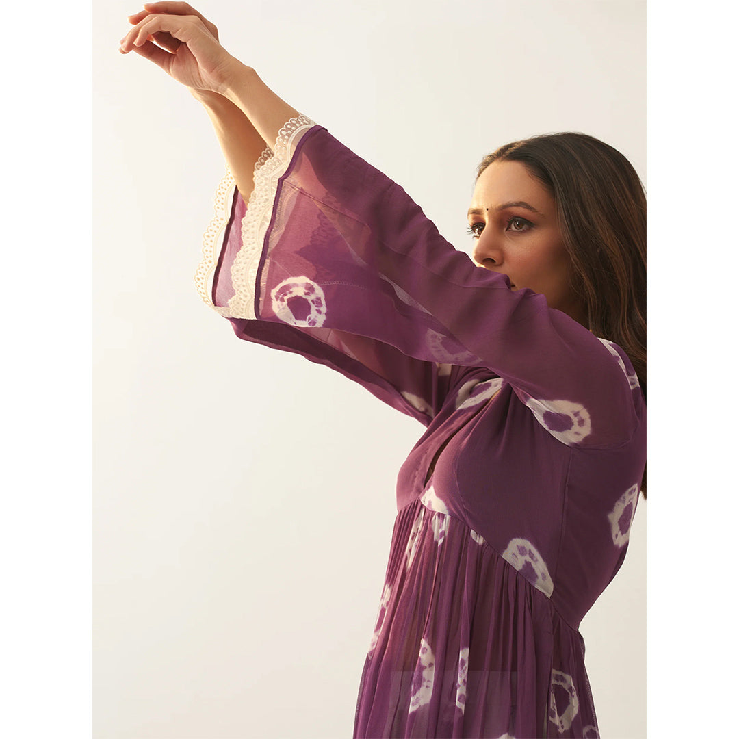 Wine Dyed Bandhej Alia Cut Flared Long Kurta With Pockets Pants