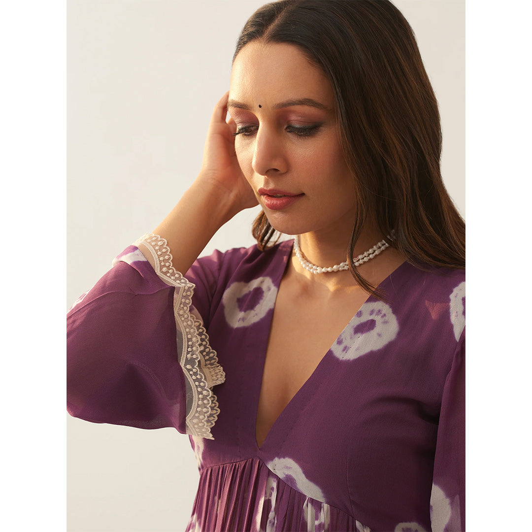 Wine Dyed Bandhej Alia Cut Flared Long Kurta With Pockets Pants