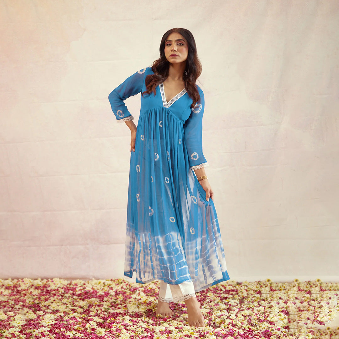 Blue Hand Dyed Bandhej Alia Cut Flared Long Kurta With Pockets Pants