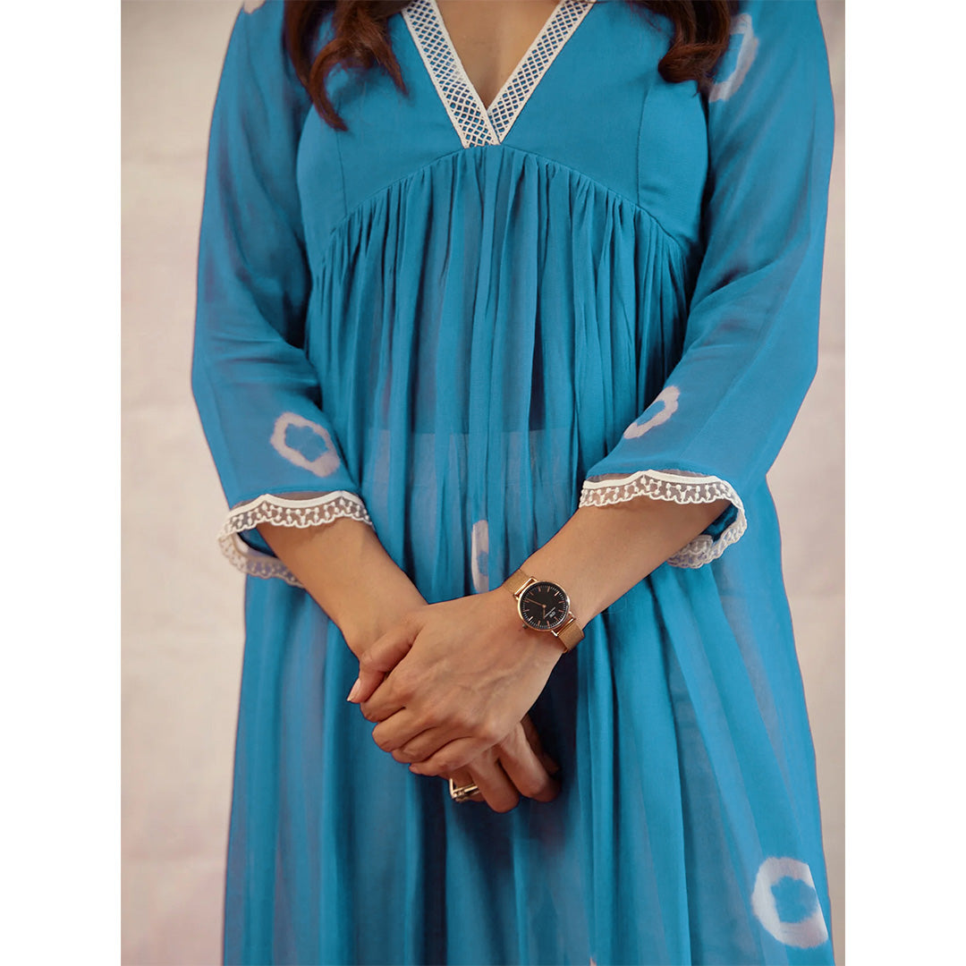 Blue Hand Dyed Bandhej Alia Cut Flared Long Kurta With Pockets Pants