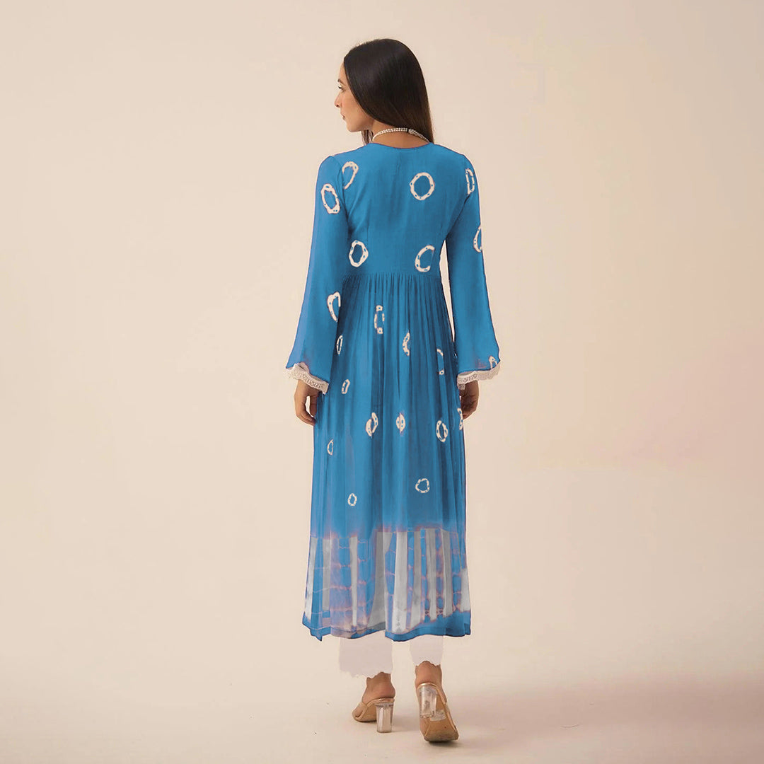 Blue Hand Dyed Bandhej Alia Cut Flared Long Kurta With Pockets Pants