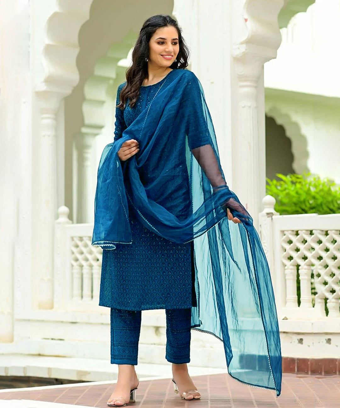 Rayon Blue Chikankari Salwar Suit featuring intricate embroidery and a stylish design