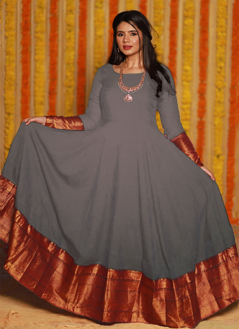 Refreshing Dark Grey Colored Party Wear Woven Georgette Gown – Westoraa