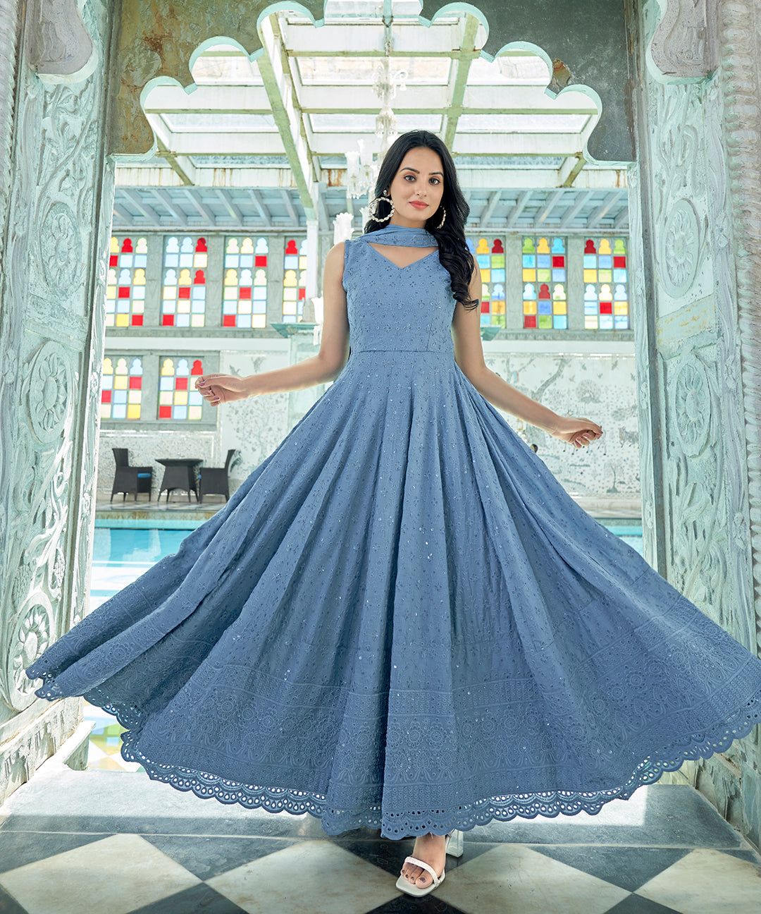 A serene Soothing Blue Rayon Dress with Dupatta, offering comfort and style with its soft fabric and elegant design.