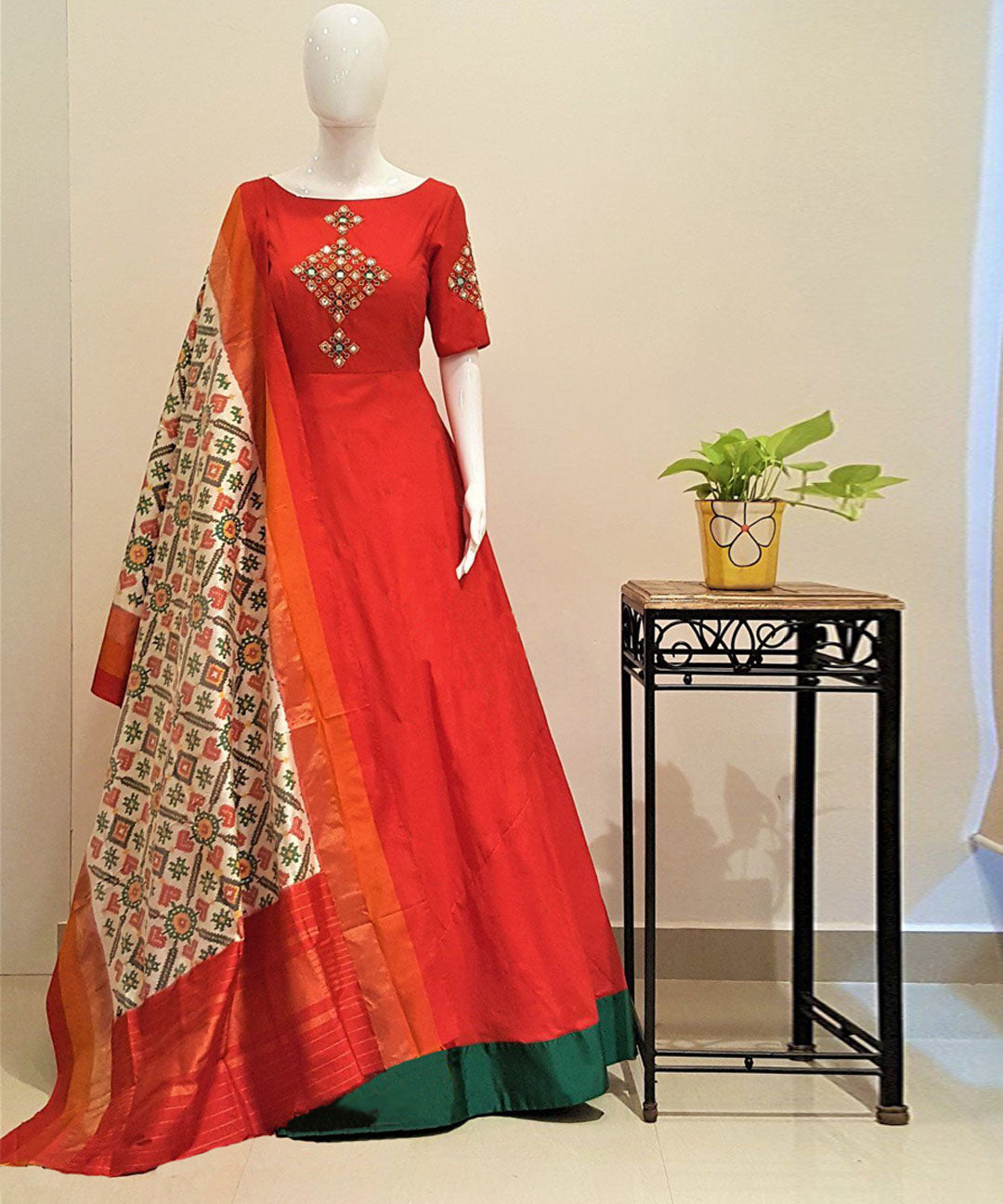Sparkling foil mirror work Tafeta silk readymade gown, radiating glamour and sophistication.