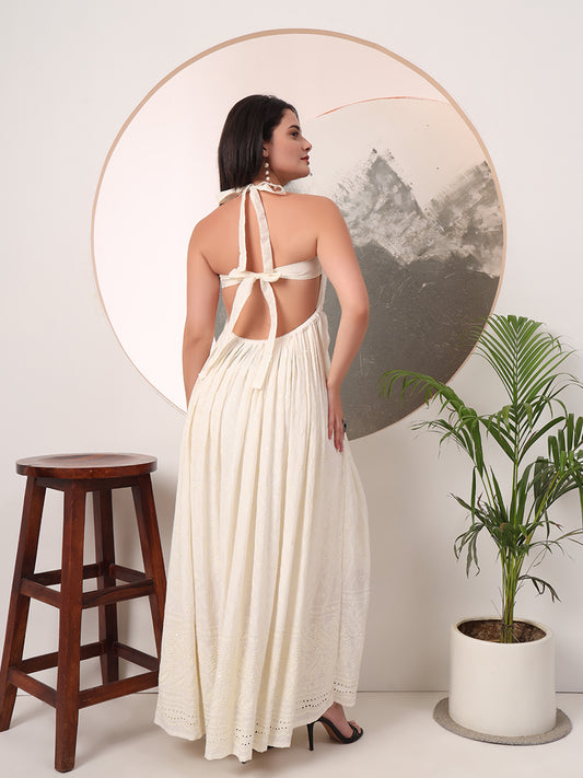 Milky White Chikankari Cotton Halter Neck Maxi Gown