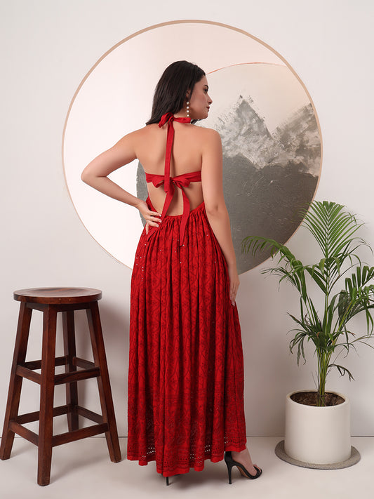 Maroon Chikankari Cotton Halter Neck Maxi Gown