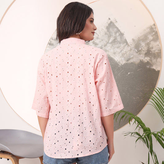 Baby Pink Mull Cotton Hakoba Shirt and Cotton Bra Combo