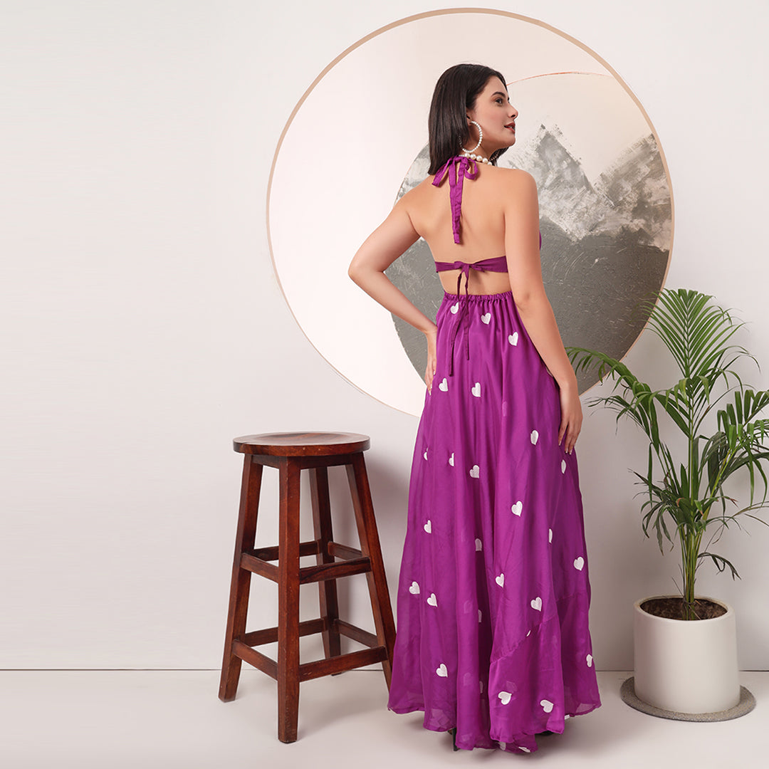 Purple Heart Embrodiered Halter Neck Padded Maxi Gown