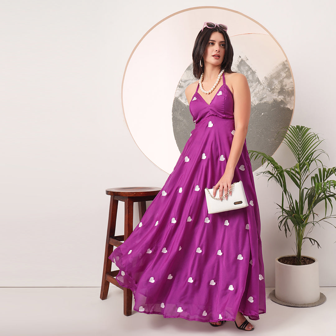 Purple Heart Embrodiered Halter Neck Padded Maxi Gown