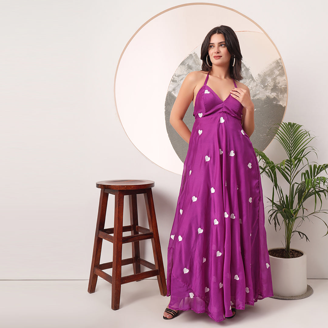 Purple Heart Embrodiered Halter Neck Padded Maxi Gown