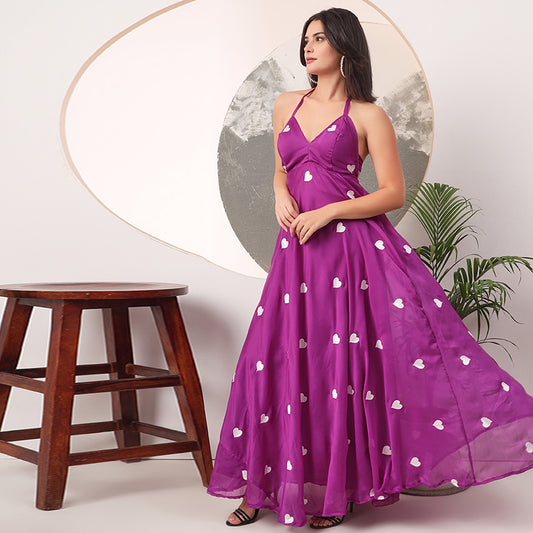 Purple Heart Embrodiered Halter Neck Padded Maxi Gown