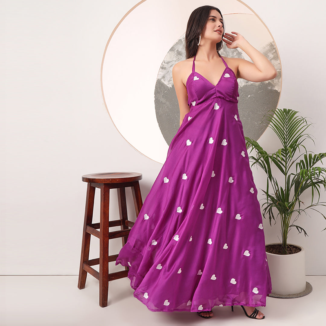 Purple Heart Embrodiered Halter Neck Padded Maxi Gown