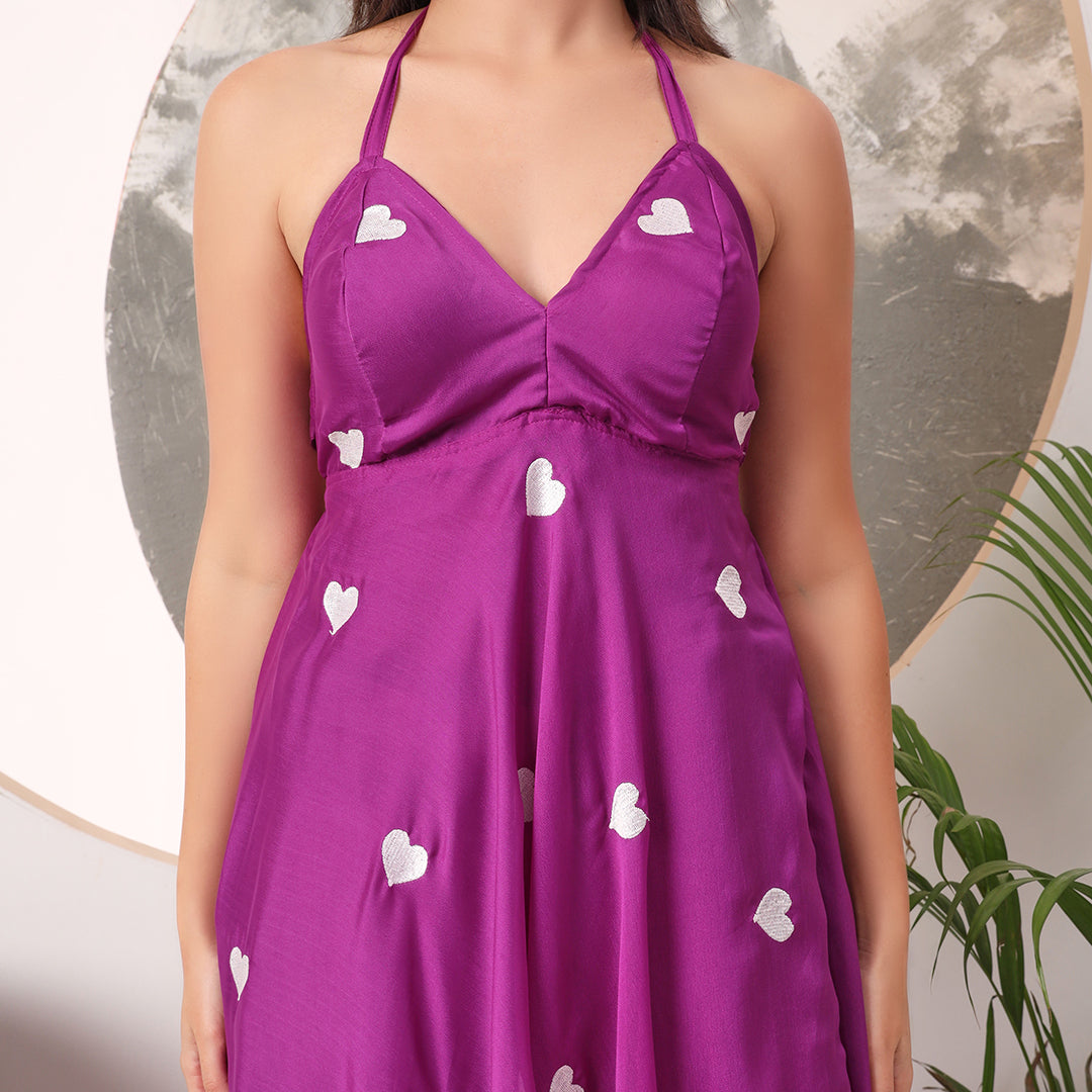 Purple Heart Embrodiered Halter Neck Padded Maxi Gown