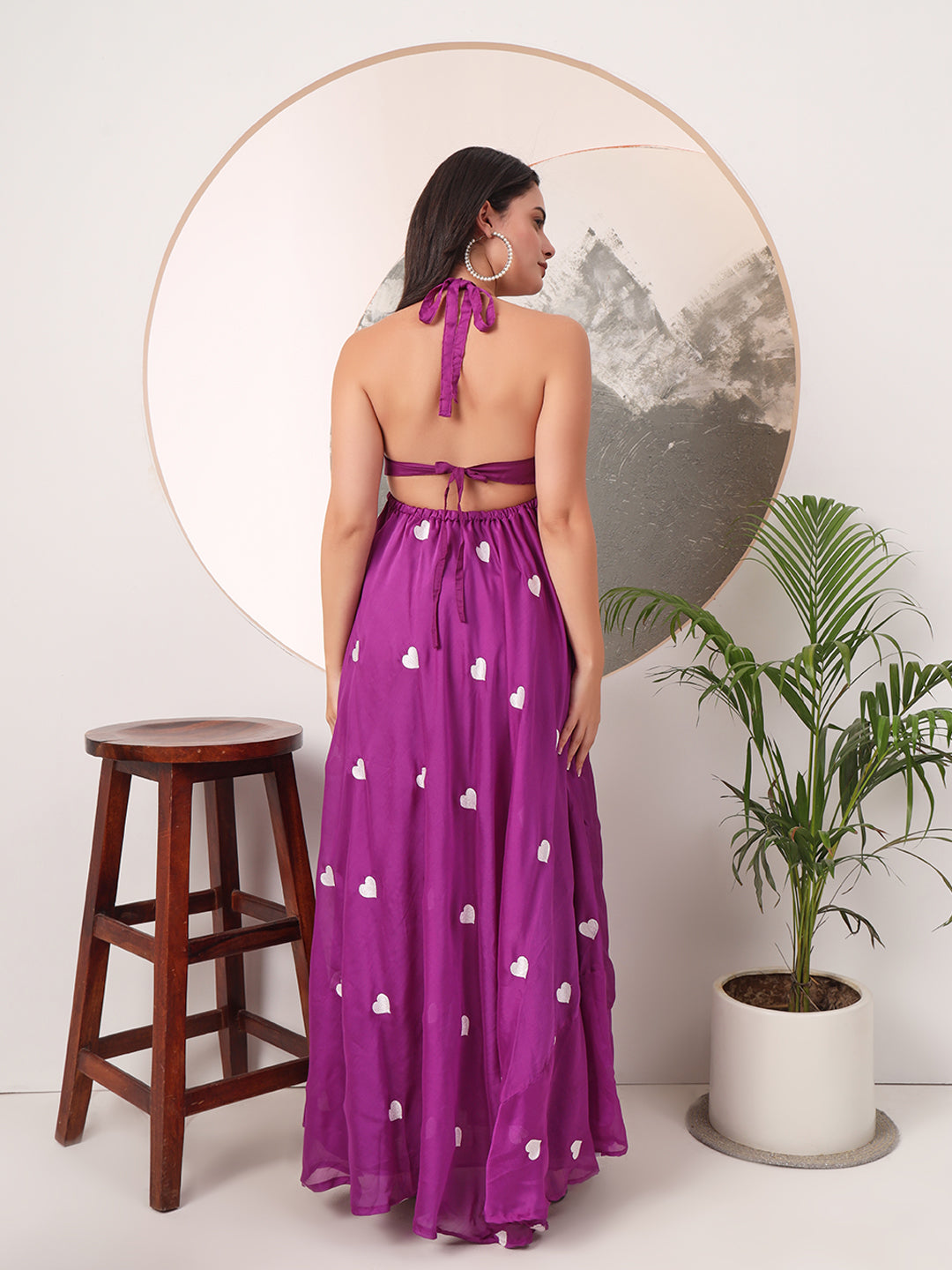 Purple Heart Embrodiered Halter Neck Padded Maxi Gown