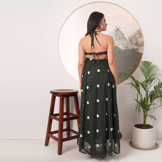 Dark Green Heart Embrodiered Halter Neck Padded Maxi Gown