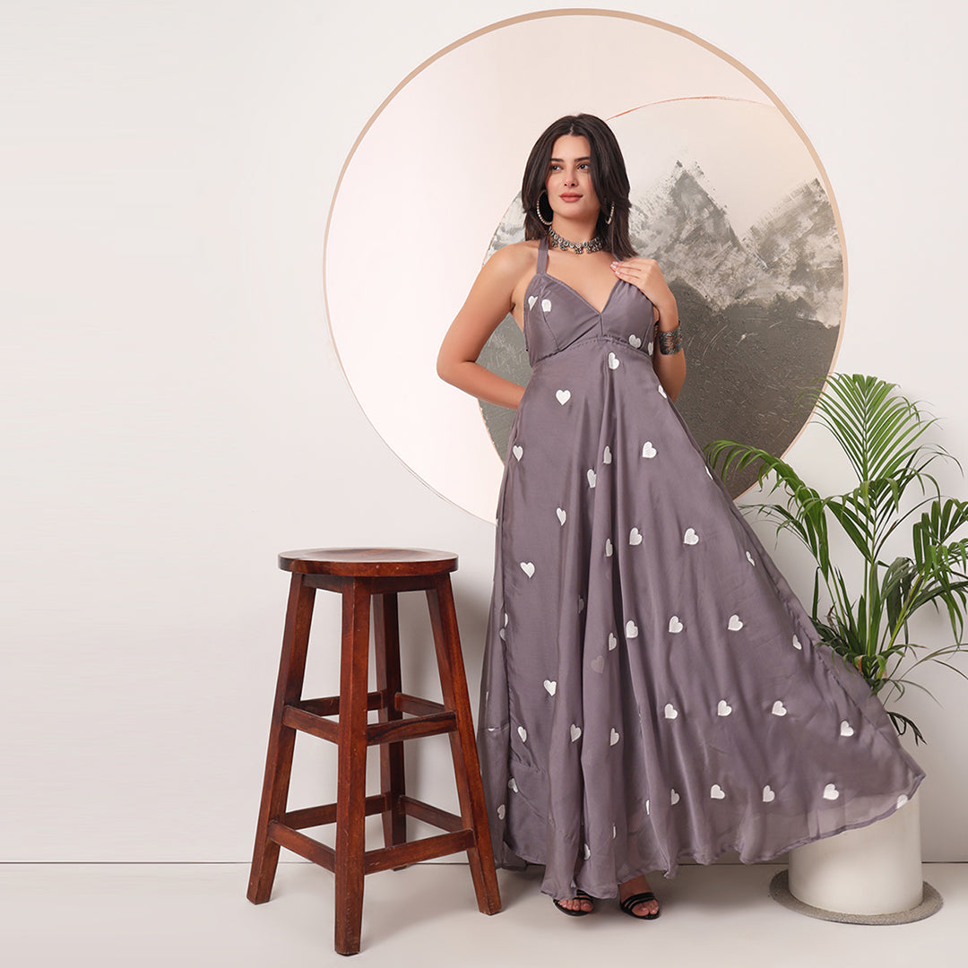 Halter Neck Heart EmbrodieredPadded Maxi Gown