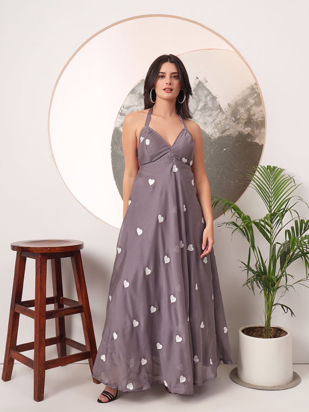 Halter Neck Heart EmbrodieredPadded Maxi Gown