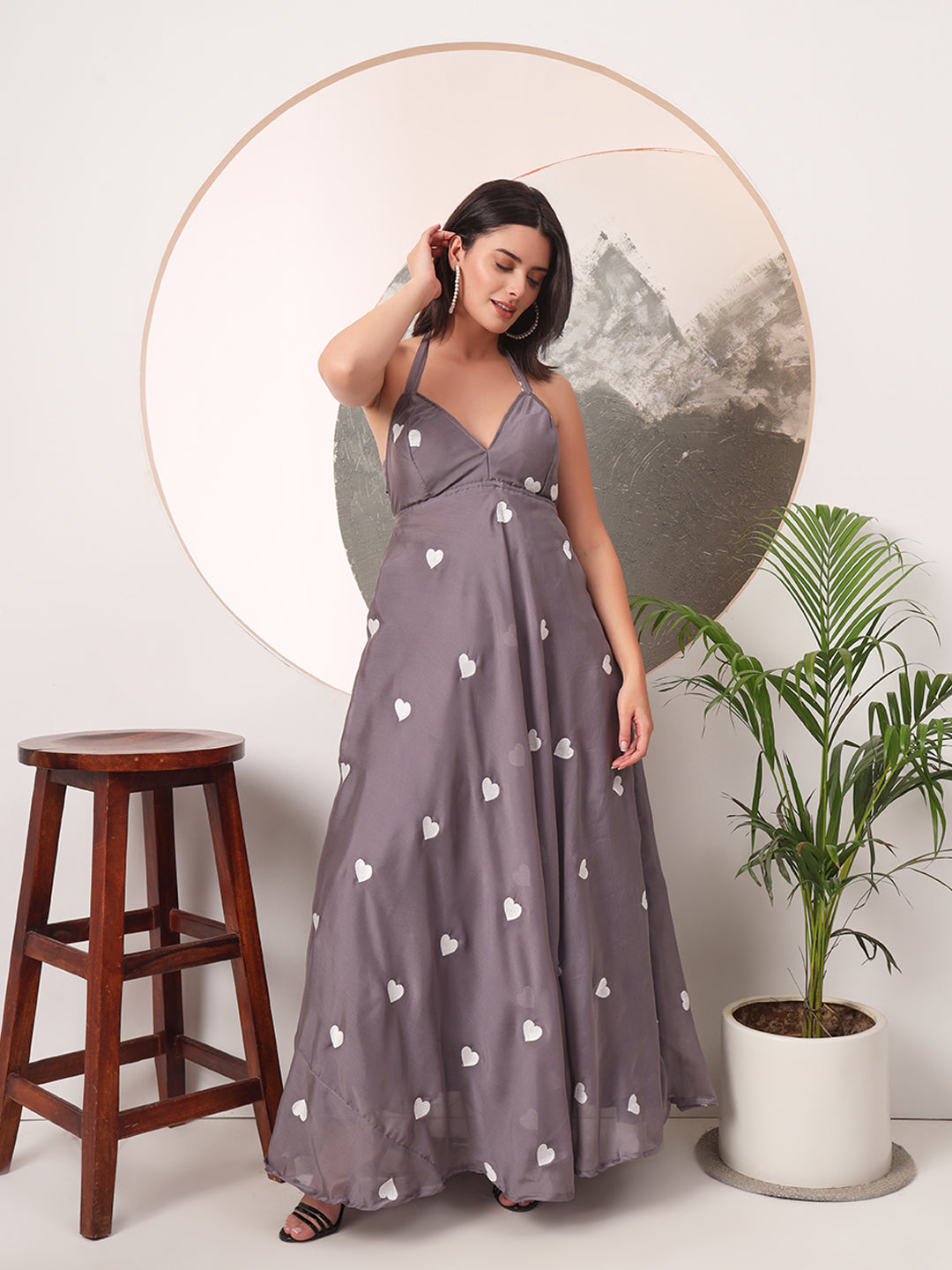 Halter Neck Heart EmbrodieredPadded Maxi Gown