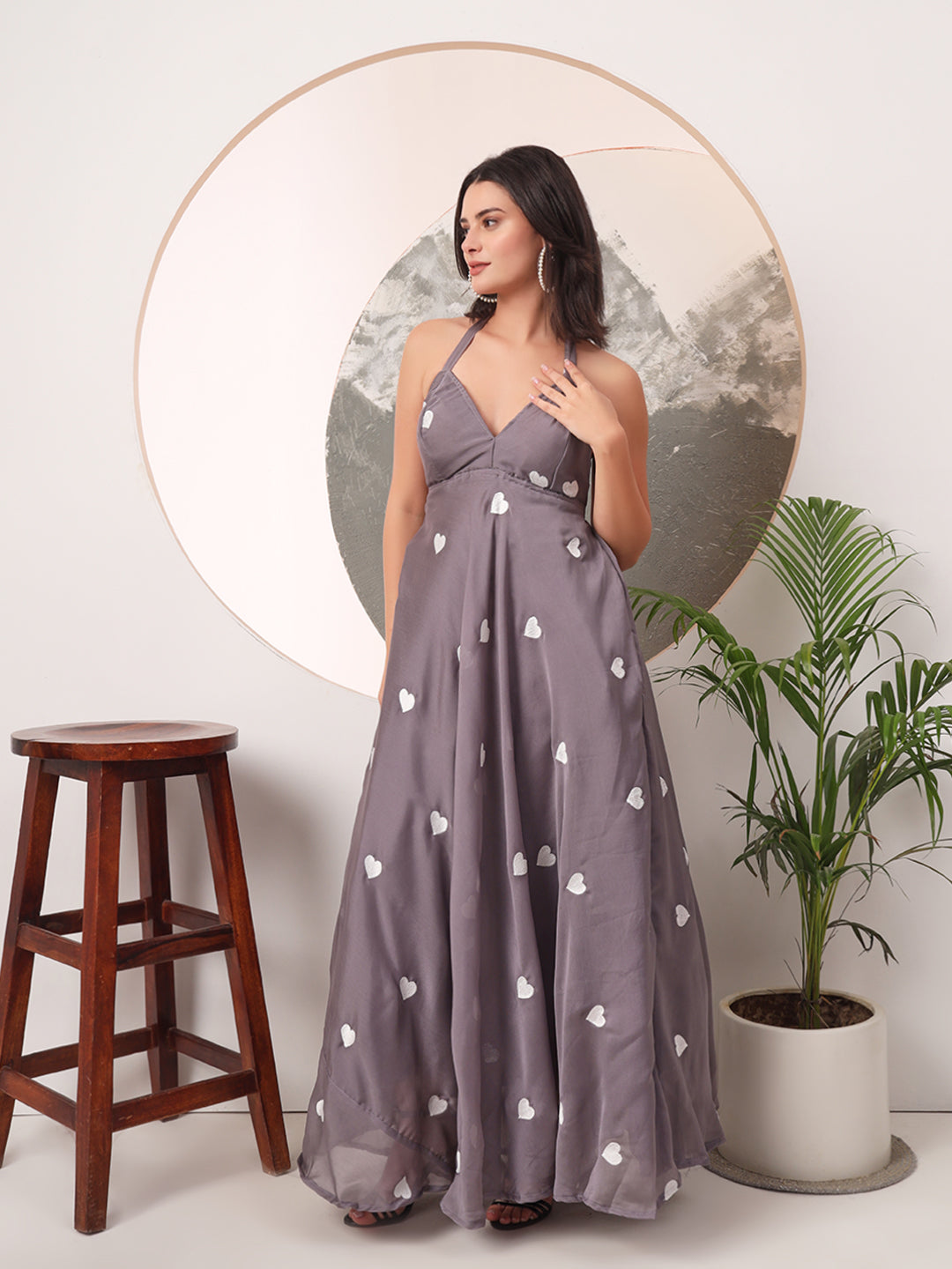 Halter Neck Heart EmbrodieredPadded Maxi Gown