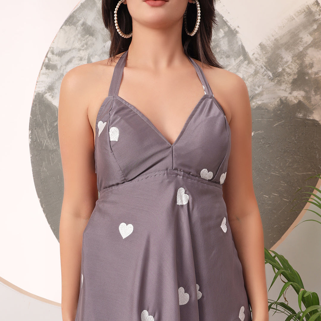 Halter Neck Heart EmbrodieredPadded Maxi Gown