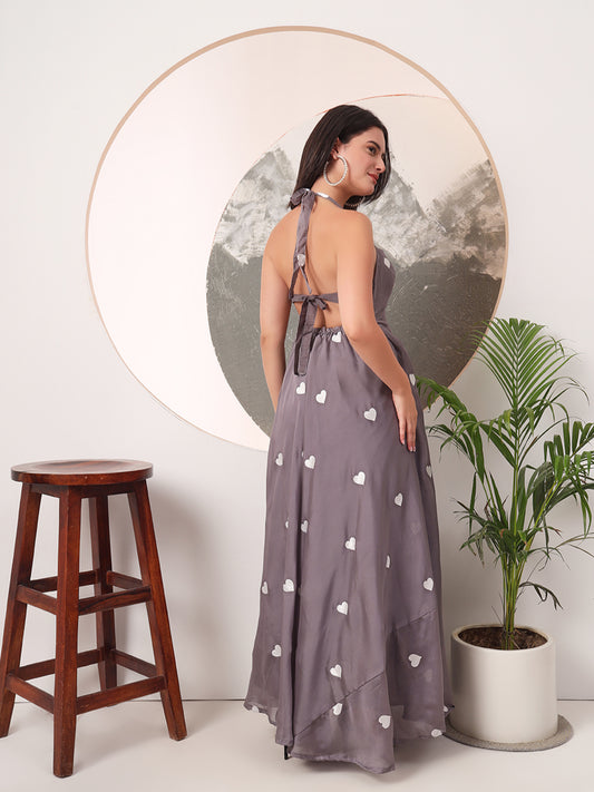Halter Neck Heart EmbrodieredPadded Maxi Gown