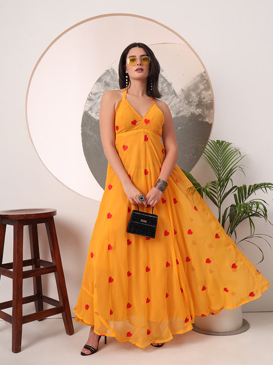 Yellow Heart Embrodiered Halter Neck Padded Maxi Gown