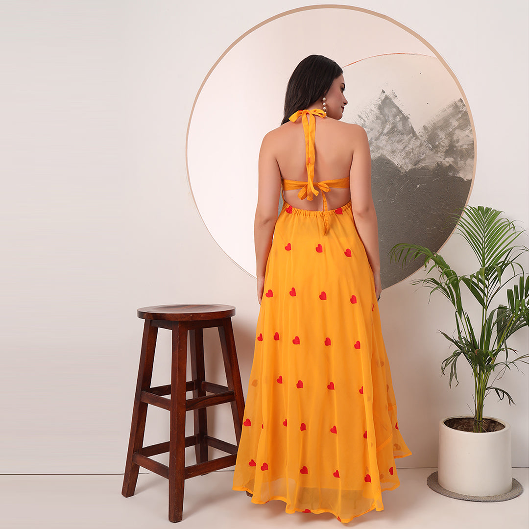 Yellow Heart Embrodiered Halter Neck Padded Maxi Gown