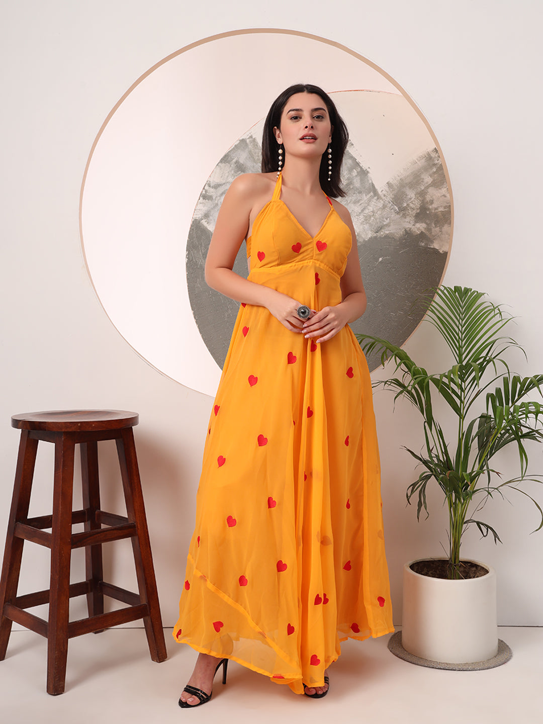 Yellow Heart Embrodiered Halter Neck Padded Maxi Gown