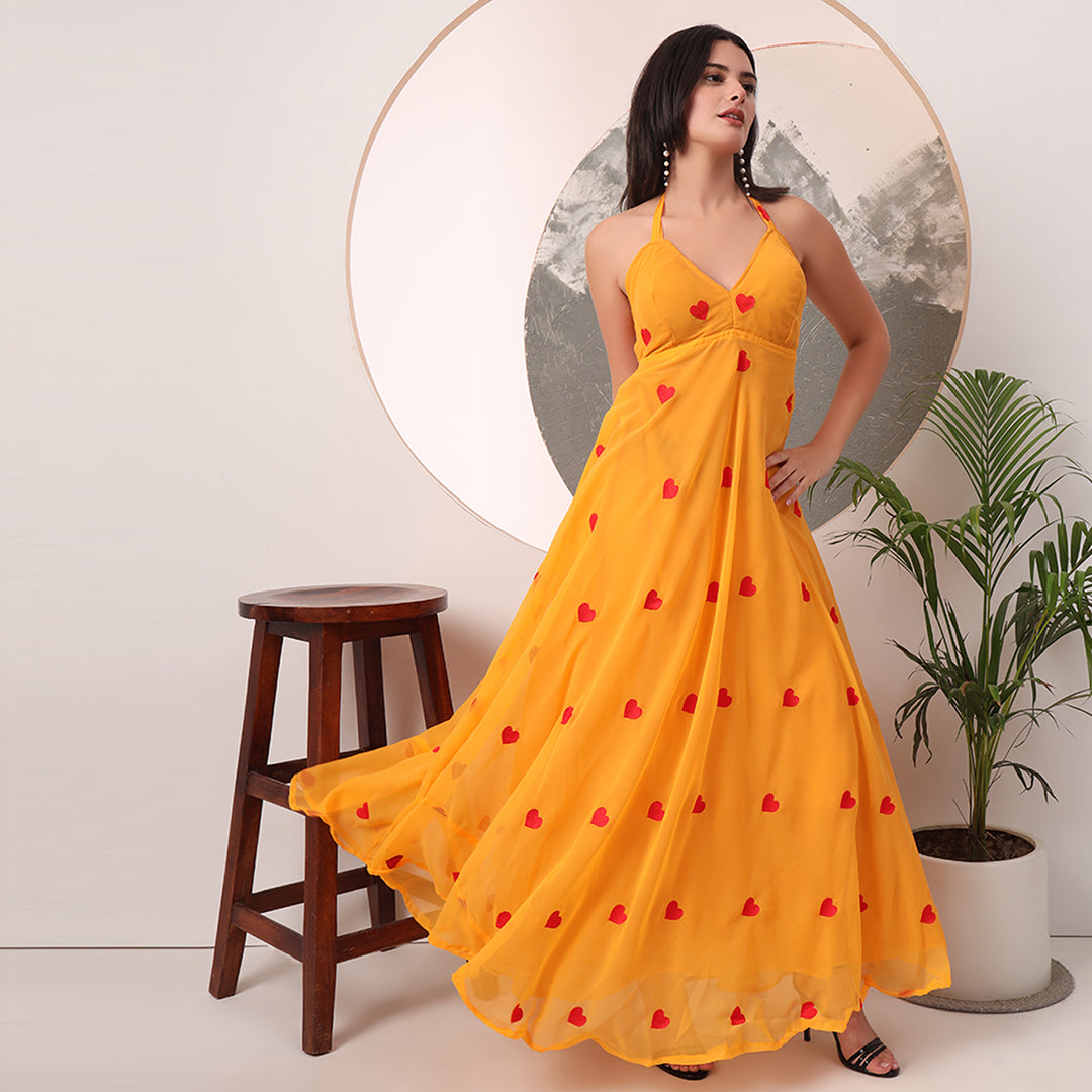 Yellow Heart Embrodiered Halter Neck Padded Maxi Gown