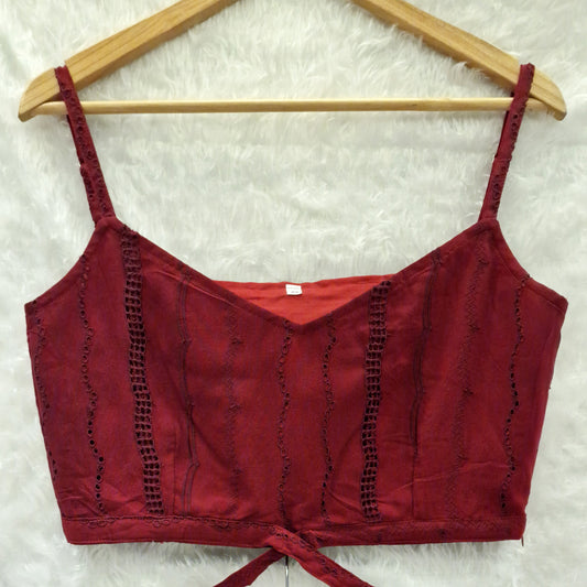 Maroon Hakoba Work Lehenga With Stylish Sleeveless Crop Top