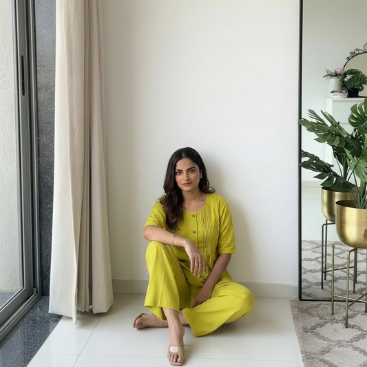 Lime Green Cotton Casual Plain O-Neck Pleated Top With Wide Leg Pants