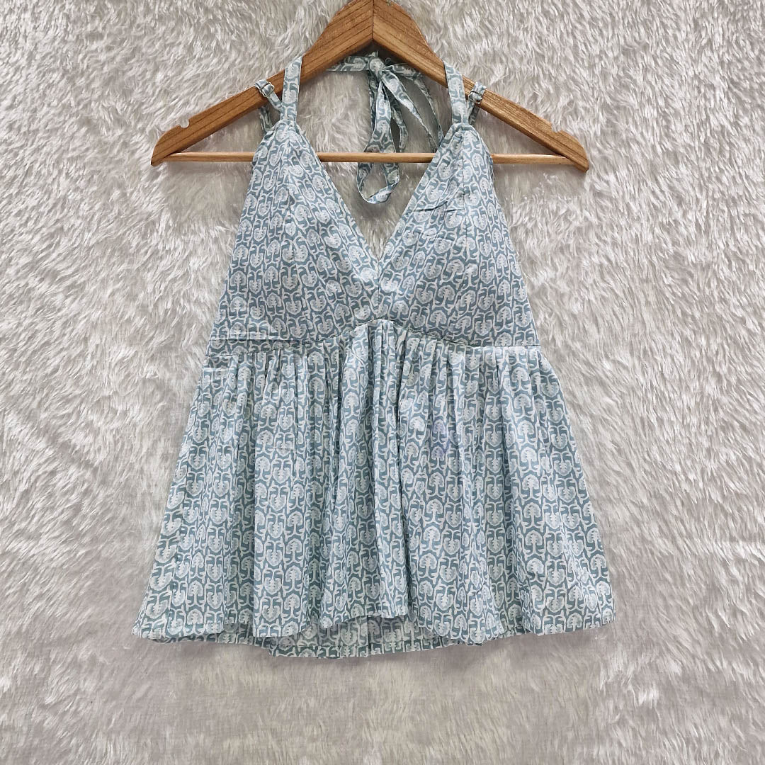 Aqua Blue Cotton Halter Neck Removable Padded Top