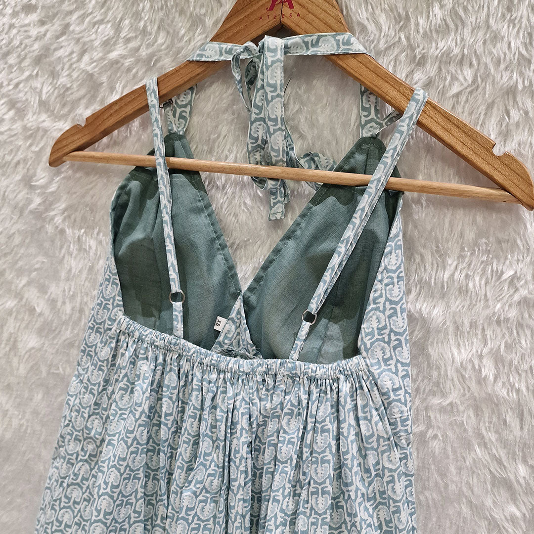 Aqua Blue Cotton Halter Neck Removable Padded Top