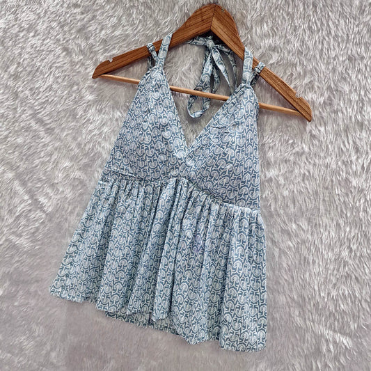 Aqua Blue Cotton Halter Neck Removable Padded Top