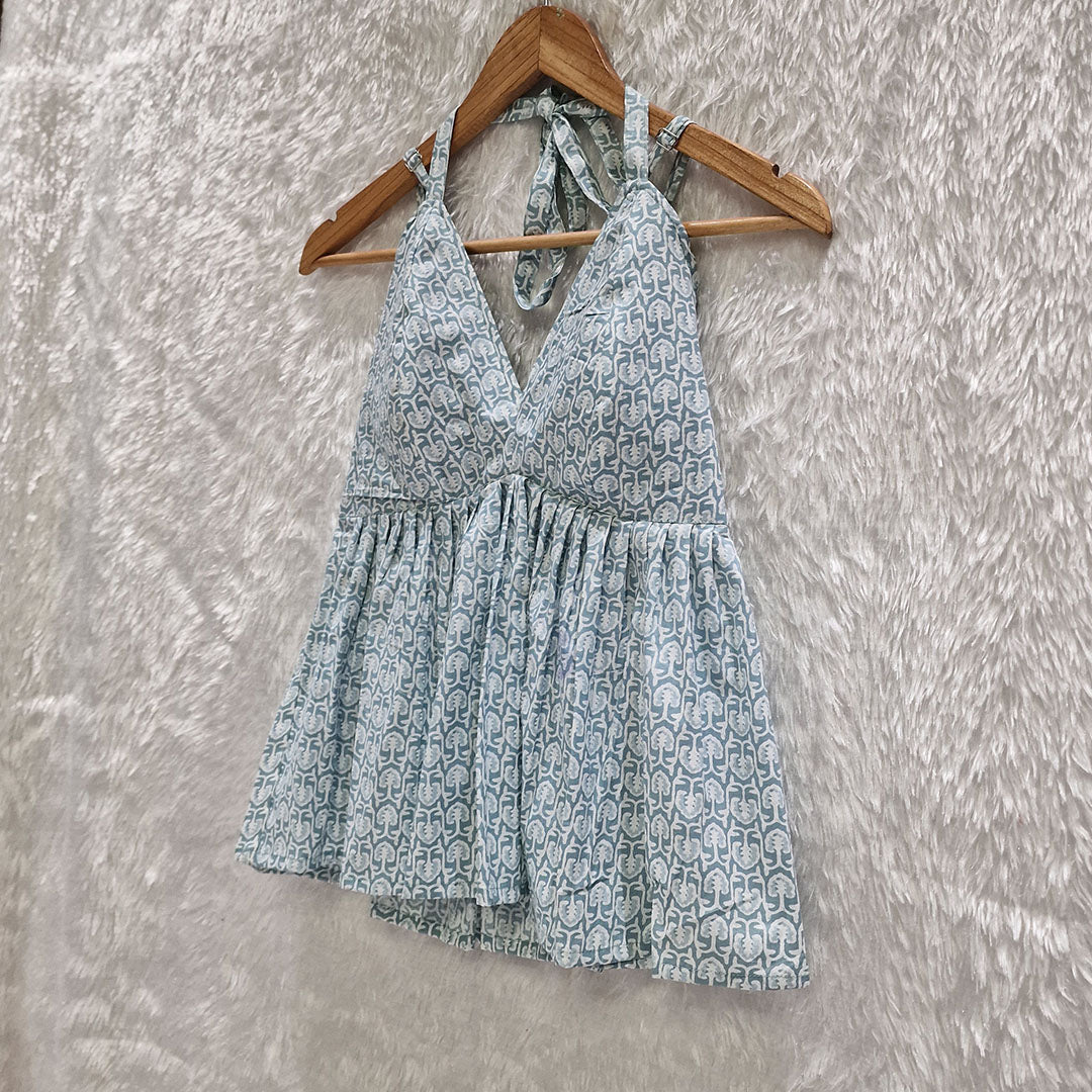 Aqua Blue Cotton Halter Neck Removable Padded Top