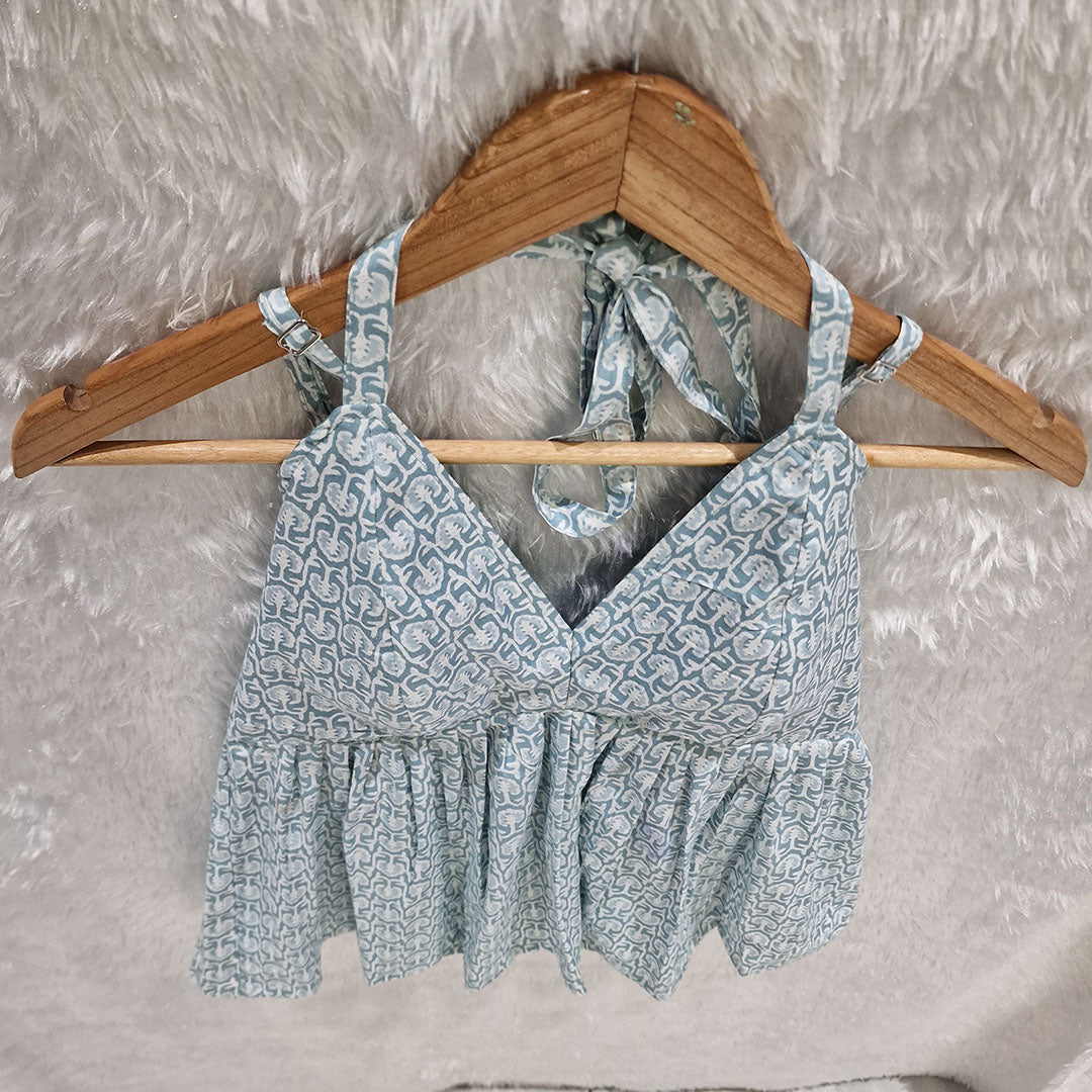 Aqua Blue Cotton Halter Neck Removable Padded Top