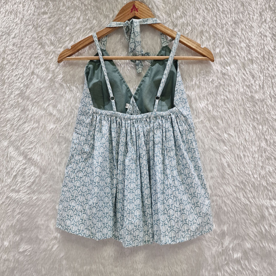Aqua Blue Cotton Halter Neck Removable Padded Top