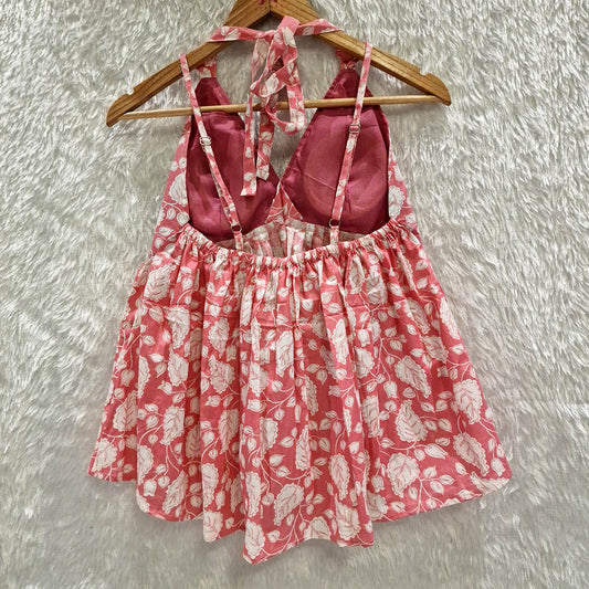 White Pink Cotton Halter Neck Removable Padded Top