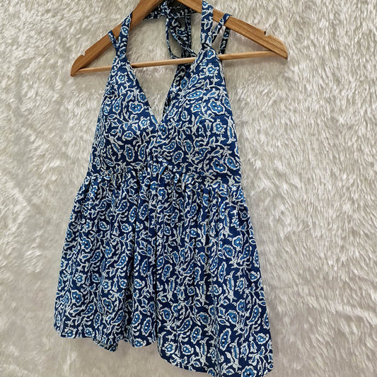 Blue paisley Printed Cotton Halter Neck Removable Padded Top