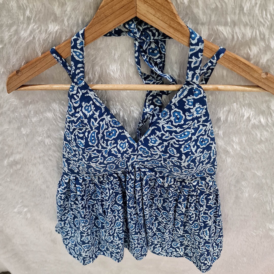Blue paisley Printed Cotton Halter Neck Removable Padded Top