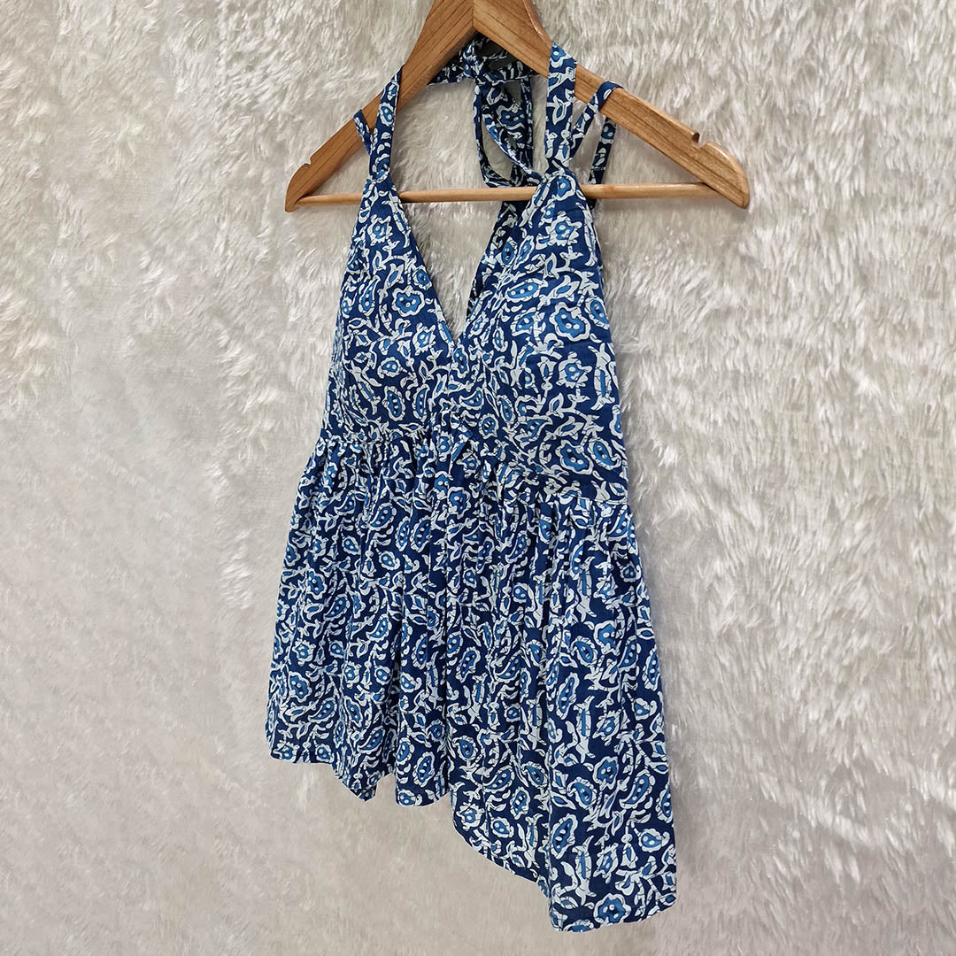 Blue paisley Printed Cotton Halter Neck Removable Padded Top