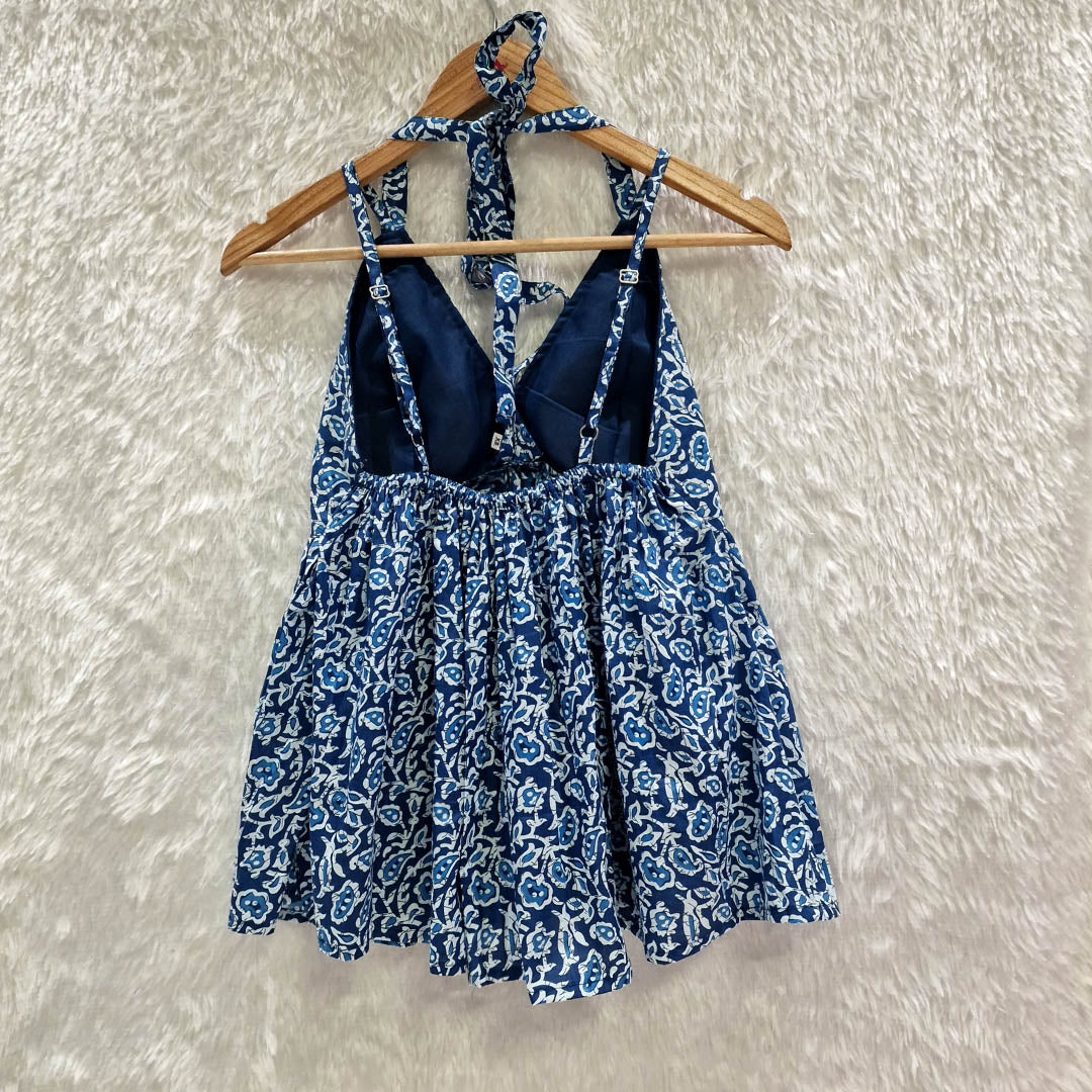Blue paisley Printed Cotton Halter Neck Removable Padded Top
