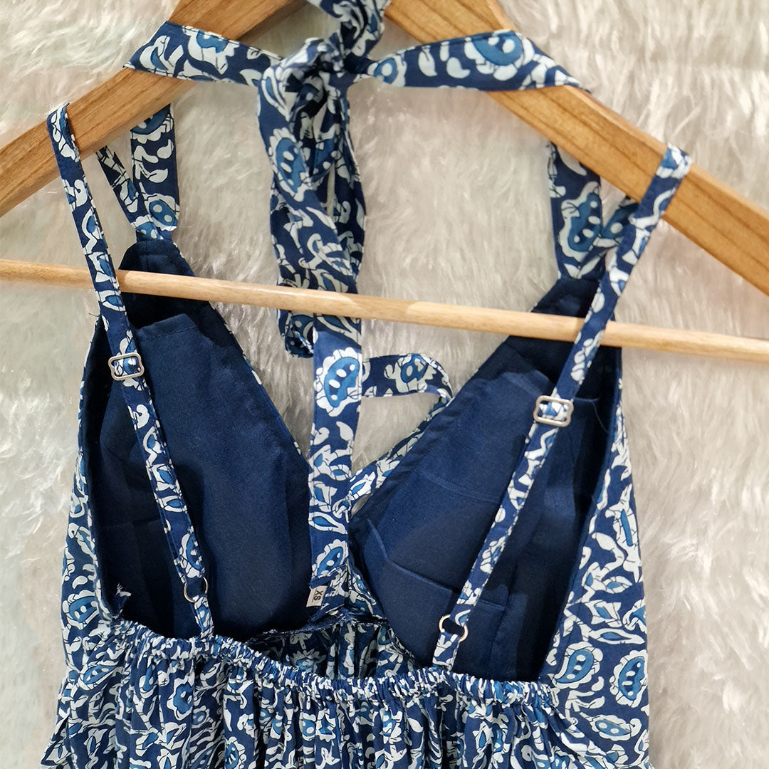 Blue paisley Printed Cotton Halter Neck Removable Padded Top