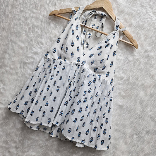 White Floral Printed Halter Neck Cotton Removable Padded Top