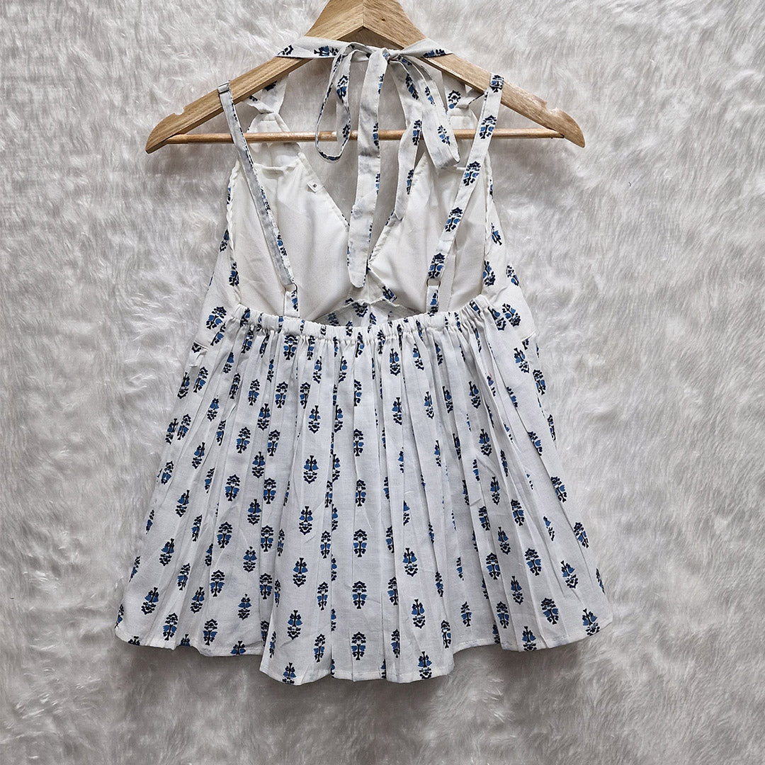 White Floral Printed Halter Neck Cotton Removable Padded Top
