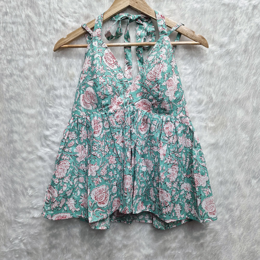 Aqua Green Floral Cotton Halter Neck Removable Padded Top