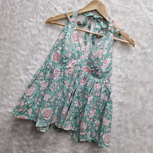 Aqua Green Floral Cotton Halter Neck Removable Padded Top