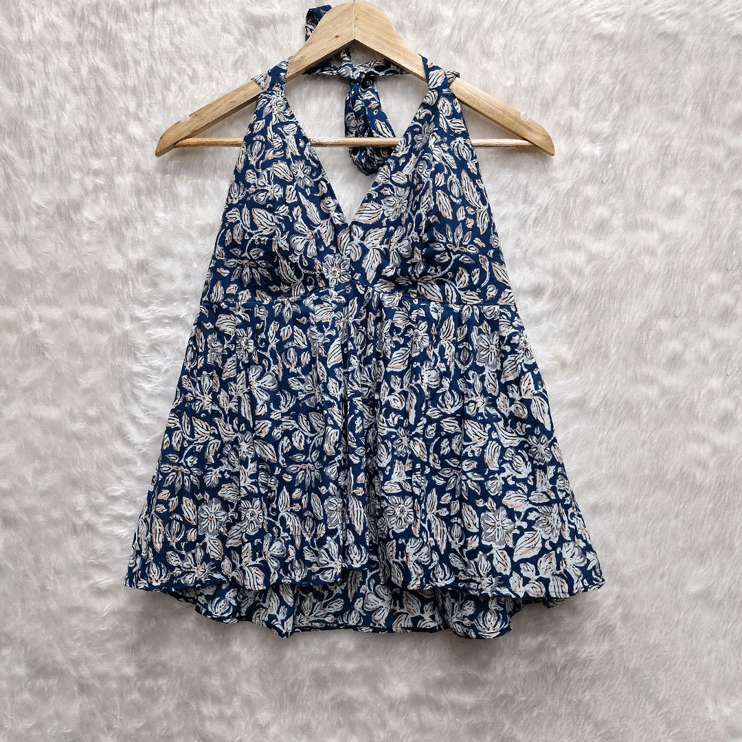 Navy Blue paisley Printed Cotton Halter Neck Removable Padded Top